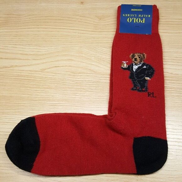 POLO RALPH LAUREN Crew Socks Mens 10-13 Red Martini RL Bear Cashmere Blend Logo - Picture 1 of 4